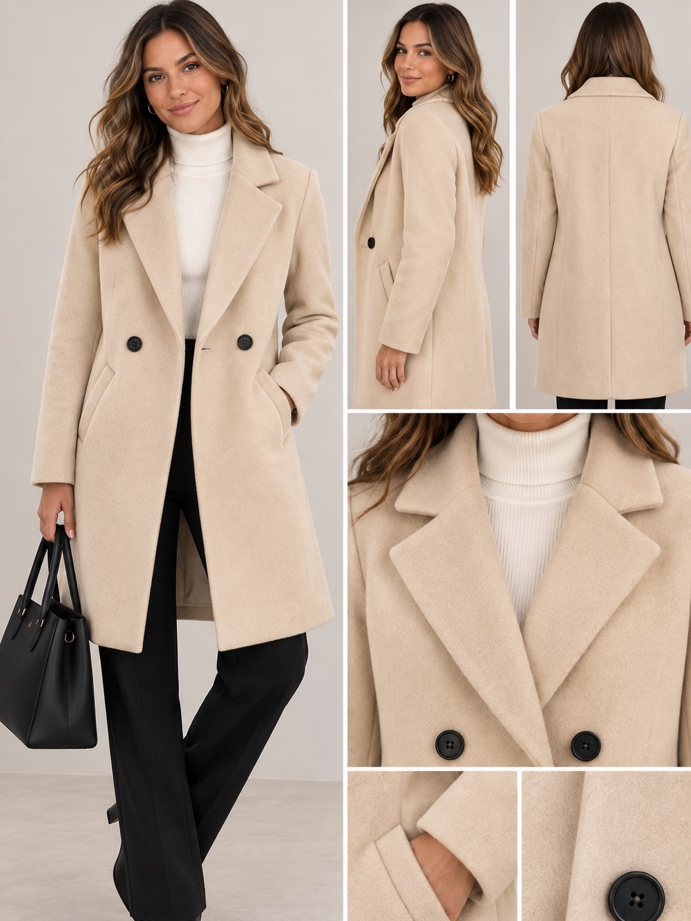 NWT Fashion Cream Wool Blend Long Double Breasted Coat Size L